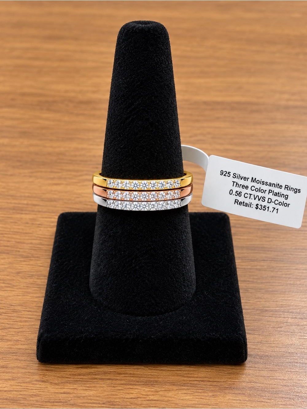 Three-Tone  .925 Sterling Silver Moissanite Stackable Ring - Gold, Rose & Silver